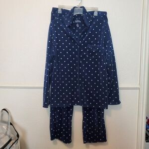 Croft & Barrow Pajama Set Plush Velvet Blue Polka Dot Pattern Button Front Sz L